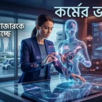 একটি সম্পাদকীয় প্রচ্ছদ যেখানে একজন পেশাদার নারী এবং একটি উজ্জ্বল স্বচ্ছ এআই হিউম্যানয়েড ডিজিটাল ইন্টারঅ্যাকটিভ টেবيله একসাথে কাজ করছেন, সাথে বাংলায় লেখা শিরোনাম রয়েছে।