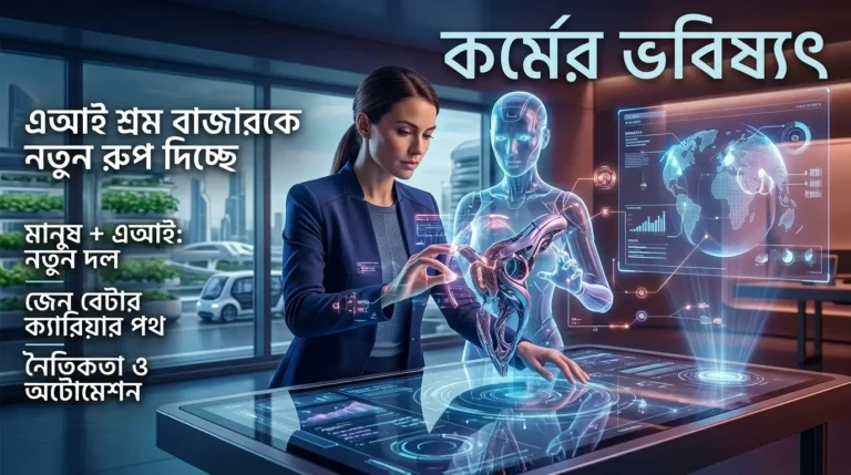 একটি সম্পাদকীয় প্রচ্ছদ যেখানে একজন পেশাদার নারী এবং একটি উজ্জ্বল স্বচ্ছ এআই হিউম্যানয়েড ডিজিটাল ইন্টারঅ্যাকটিভ টেবيله একসাথে কাজ করছেন, সাথে বাংলায় লেখা শিরোনাম রয়েছে।