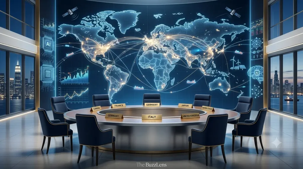 Editorial illustration of the G7 summit symbolizing global economic leadership, technological innovation, international cooperation, and policy coordination among the world's leading advanced economies.