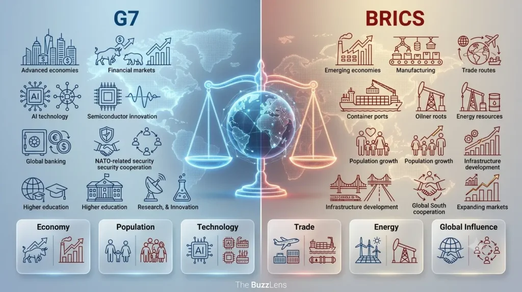 Editorial comparison infographic illustrating G7 and BRICS across key areas including economy, population, technology, trade, energy, and global influence in a changing world order.