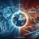 Symbolic editorial illustration comparing G7 and BRICS across a digital world map, highlighting the debate over a shifting global balance of power and the rise of a multipolar world.