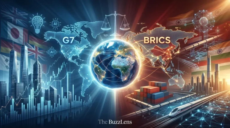 Symbolic editorial illustration comparing G7 and BRICS across a digital world map, highlighting the debate over a shifting global balance of power and the rise of a multipolar world.