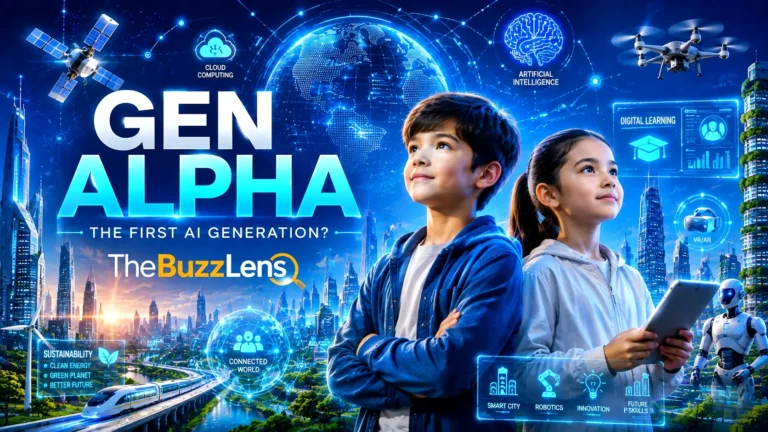 Gen Alpha বা Generation Alpha নিয়ে ফিচার্ড ইমেজ। AI, স্মার্ট সিটি, ডিজিটাল লার্নিং, ক্লাউড কম্পিউটিং, রোবোটিক্স এবং ভবিষ্যতের প্রযুক্তির প্রতীকসহ নতুন প্রজন্মের ধারণা তুলে ধরা হয়েছে।