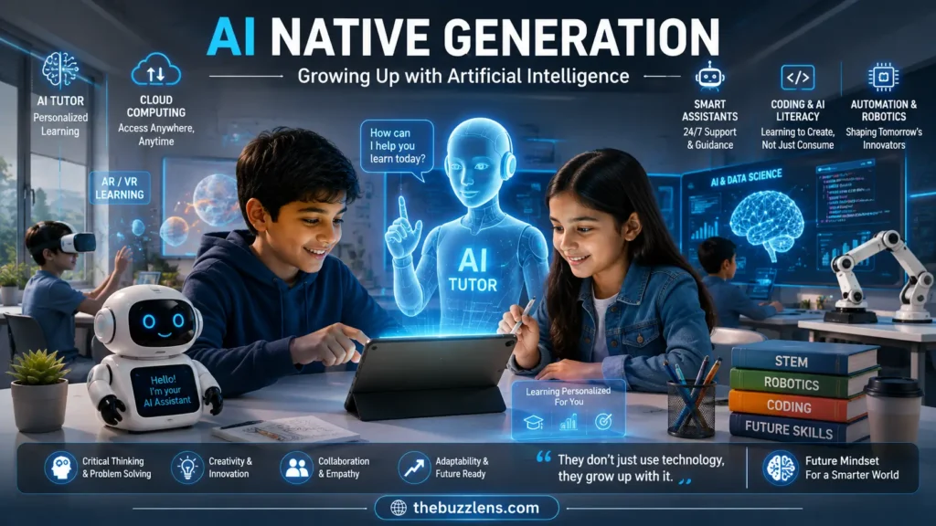 AI Tutor, স্মার্ট ক্লাসরুম, রোবোটিক্স, AR/VR এবং ডিজিটাল লার্নিংয়ের মাধ্যমে Gen Alpha-এর AI Native প্রজন্ম হিসেবে বেড়ে ওঠার ধারণা তুলে ধরা ইনফোগ্রাফিক।