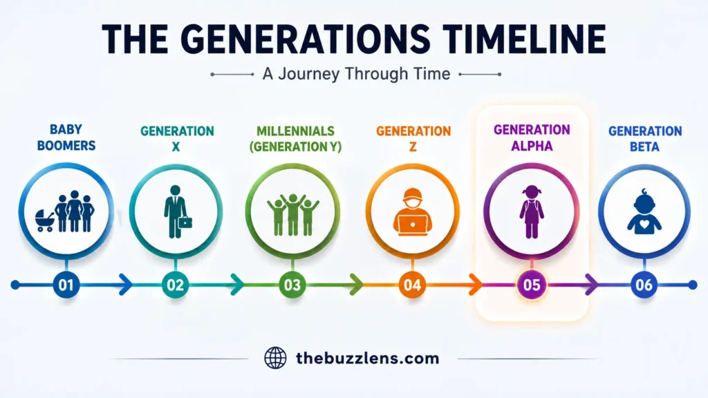 Baby Boomers, Generation X, Millennials, Generation Z, Generation Alpha এবং Generation Beta-এর ধারাবাহিকতা দেখানো টাইমলাইন ইনফোগ্রাফিক।
