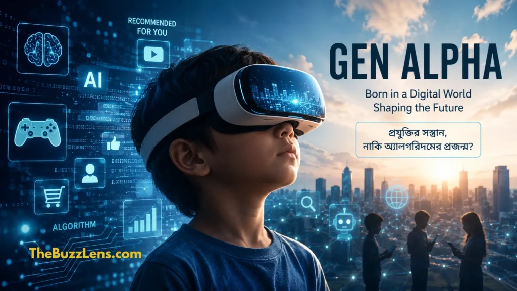 VR হেডসেট পরা এক Gen Alpha শিশুকে ঘিরে AI, অ্যালগরিদম ও ডিজিটাল প্রযুক্তির প্রতীকী দৃশ্য