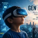 VR হেডসেট পরা এক Gen Alpha শিশুকে ঘিরে AI, অ্যালগরিদম ও ডিজিটাল প্রযুক্তির প্রতীকী দৃশ্য