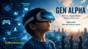 VR হেডসেট পরা এক Gen Alpha শিশুকে ঘিরে AI, অ্যালগরিদম ও ডিজিটাল প্রযুক্তির প্রতীকী দৃশ্য
