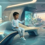 A conceptual editorial illustration of a futuristic child interacting with AI holograms, representing Generation Beta (2025-2039).