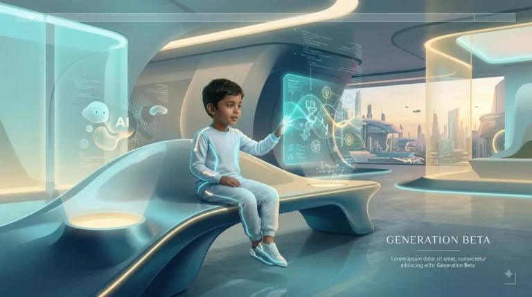 A conceptual editorial illustration of a futuristic child interacting with AI holograms, representing Generation Beta (2025-2039).