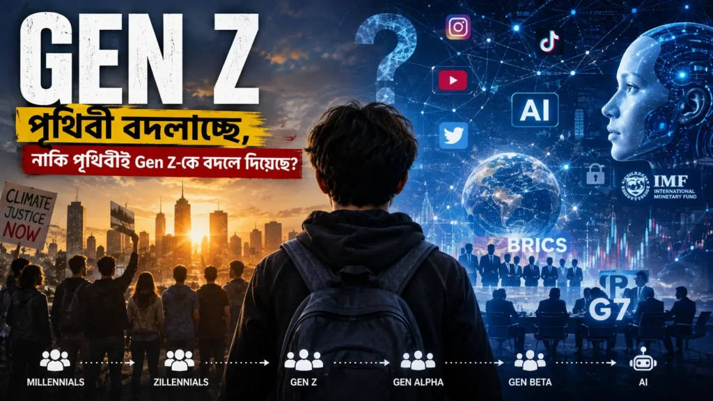 প্রযুক্তি, AI, সামাজিক যোগাযোগমাধ্যম ও বৈশ্বিক পরিবর্তনের মাঝে দাঁড়িয়ে থাকা Gen Z-এর প্রতীকী দৃশ্য