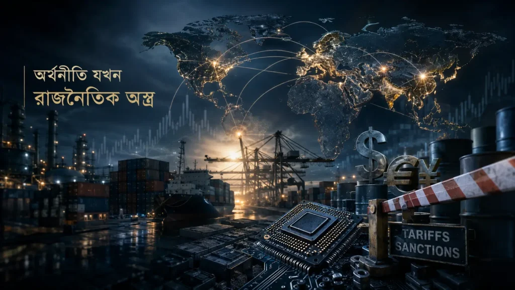 Geoeconomics কী—বিশ্ব বাণিজ্য, supply chain, প্রযুক্তি ও অর্থনৈতিক শক্তির মাধ্যমে রাজনৈতিক প্রভাবের প্রতীকী চিত্র
