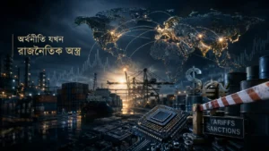 Geoeconomics কী—বিশ্ব বাণিজ্য, supply chain, প্রযুক্তি ও অর্থনৈতিক শক্তির মাধ্যমে রাজনৈতিক প্রভাবের প্রতীকী চিত্র