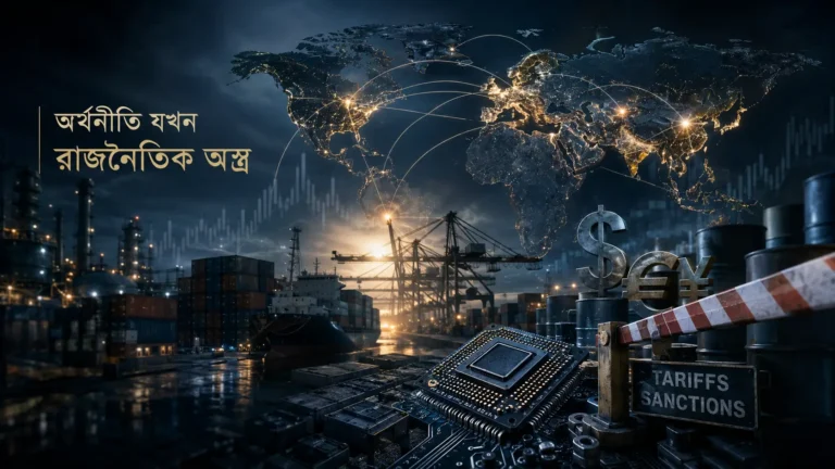 Geoeconomics কী—বিশ্ব বাণিজ্য, supply chain, প্রযুক্তি ও অর্থনৈতিক শক্তির মাধ্যমে রাজনৈতিক প্রভাবের প্রতীকী চিত্র