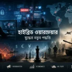 Cyber, information ও economic pressure সমন্বিত Hybrid Warfare-এর প্রতীকী দৃশ্য