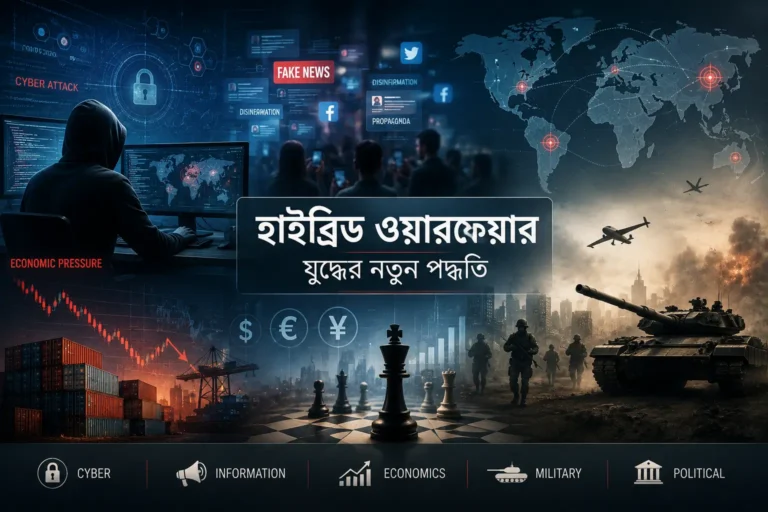 Cyber, information ও economic pressure সমন্বিত Hybrid Warfare-এর প্রতীকী দৃশ্য