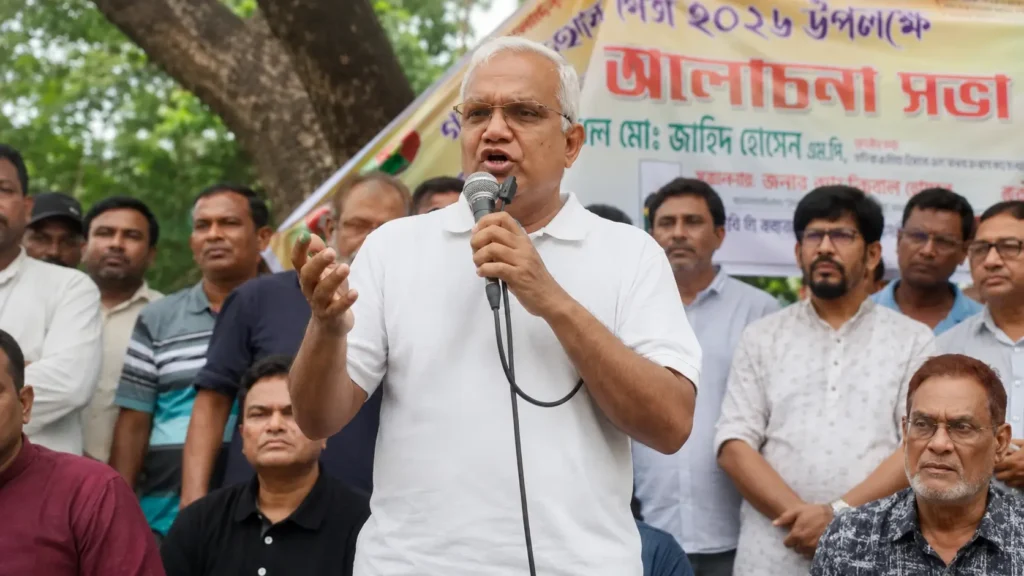 দিনাজপুরে জুলাই গণ-অভ্যুত্থান দিবসের অনুষ্ঠানে মঞ্চে বক্তব্য দিচ্ছেন জাহিদ হোসেন।