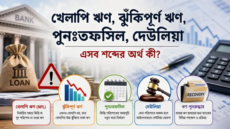 খেলাপি ঋণ, ঝুঁকিপূর্ণ ঋণ, ঋণ পুনঃতফসিল ও দেউলিয়াত্ব নিয়ে ব্যাংকিং বিষয়ক ব্যাখ্যামূলক ছবি