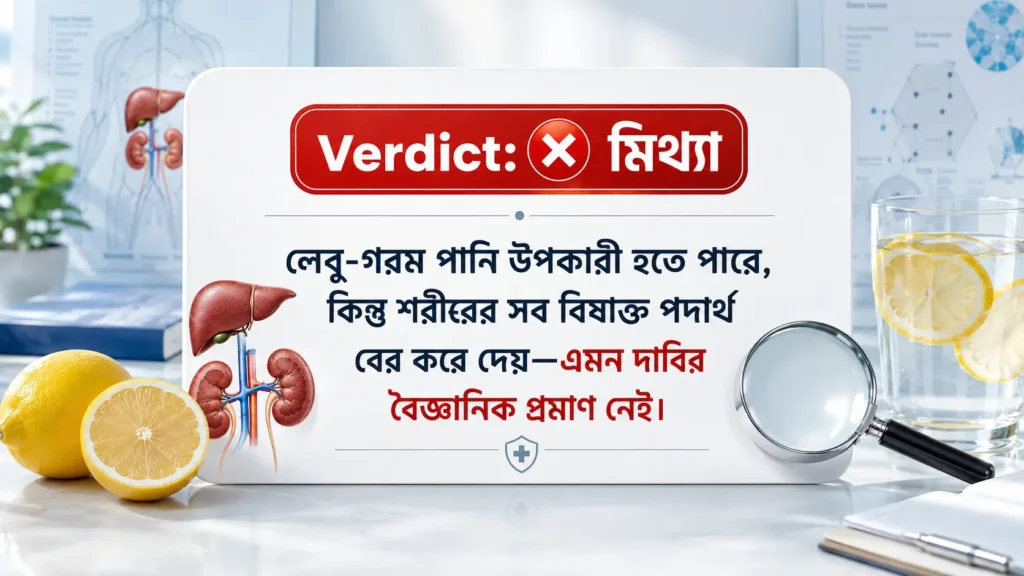 ফ্যাক্ট চেক ভারডিক্ট কার্ডে ‘Verdict: মিথ্যা’ লেখা রয়েছে। নিচে উল্লেখ করা হয়েছে যে লেবু-গরম পানি উপকারী হতে পারে, তবে এটি শরীরের সব বিষাক্ত পদার্থ বের করে দেয়—এমন বৈজ্ঞানিক প্রমাণ নেই।