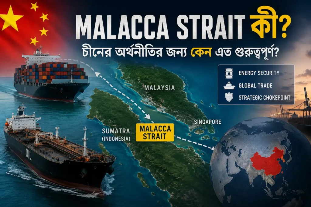 Malacca Strait কী—চীনের energy ও global trade-এর গুরুত্বপূর্ণ সমুদ্রপথের প্রতীকী চিত্র