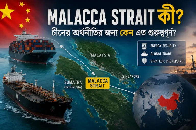 Malacca Strait কী—চীনের energy ও global trade-এর গুরুত্বপূর্ণ সমুদ্রপথের প্রতীকী চিত্র