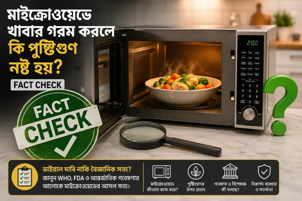 মাইক্রোওয়েভ ওভেনে গরম হওয়া স্বাস্থ্যকর খাবার, FACT CHECK ব্যাজ, ম্যাগনিফাইং গ্লাস এবং প্রশ্নচিহ্নসহ মাইক্রোওয়েভে খাবার গরম করলে পুষ্টিগুণ নষ্ট হয় কি না—এ বিষয়ে সম্পাদকীয় ফ্যাক্ট-চেক ইলাস্ট্রেশন।