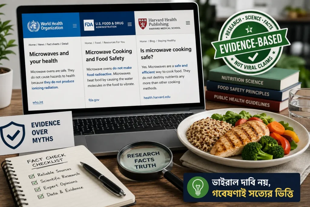 ল্যাপটপে WHO, FDA এবং Harvard Health-এর স্বাস্থ্যবিষয়ক তথ্যের প্রতীকী ওয়েবপেজ, পাশে স্বাস্থ্যকর খাবারের প্লেট, ম্যাগনিফাইং গ্লাস, নোটপ্যাড এবং Evidence-Based ব্যাজসহ সম্পাদকীয় ফ্যাক্ট-চেক ইলাস্ট্রেশন।