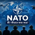NATO (North Atlantic Treaty Organization)-এর প্রতীক, ইউরোপের মানচিত্র, যুদ্ধবিমান, নৌবাহিনী ও সদস্য দেশগুলোর সামরিক সহযোগিতার প্রতীকী দৃশ্য। NATO-এর ইতিহাস, সদস্য দেশ এবং Article 5 ব্যাখ্যামূলক ফিচার ইমেজ।