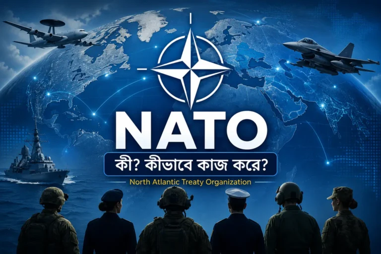 NATO (North Atlantic Treaty Organization)-এর প্রতীক, ইউরোপের মানচিত্র, যুদ্ধবিমান, নৌবাহিনী ও সদস্য দেশগুলোর সামরিক সহযোগিতার প্রতীকী দৃশ্য। NATO-এর ইতিহাস, সদস্য দেশ এবং Article 5 ব্যাখ্যামূলক ফিচার ইমেজ।