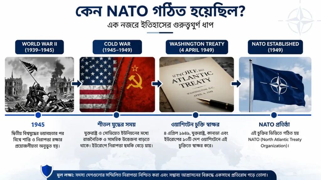 NATO গঠনের ইতিহাসের টাইমলাইন ইনফোগ্রাফিক। দ্বিতীয় বিশ্বযুদ্ধ (1945), Cold War, Washington Treaty (1949) এবং NATO প্রতিষ্ঠার ধারাবাহিক ঘটনাপ্রবাহ দেখানো হয়েছে।