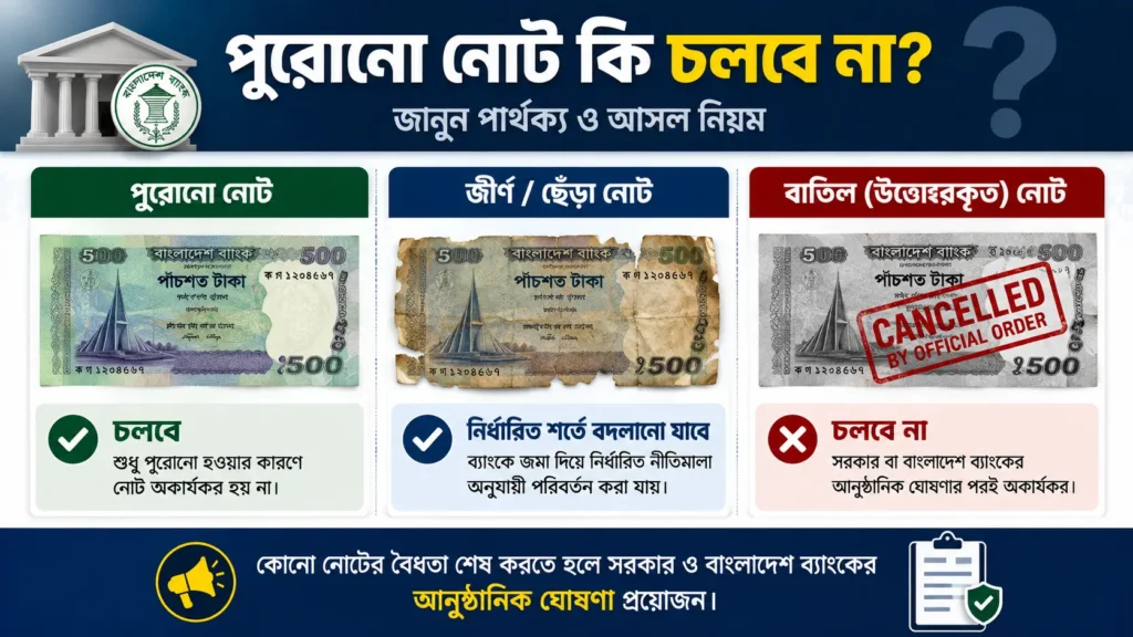 পুরোনো, জীর্ণ এবং সরকারিভাবে বাতিল ব্যাংকনোটের মধ্যে পার্থক্য দেখানো একটি সম্পাদকীয় ইনফোগ্রাফিক, যেখানে প্রতিটি অবস্থার বৈধতা ও ব্যবহার ব্যাখ্যা করা হয়েছে।