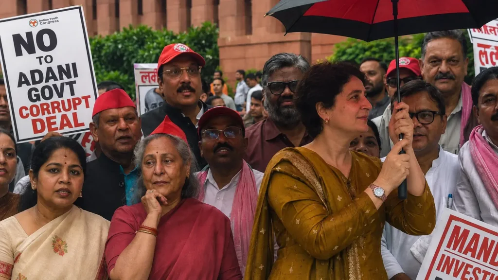 সংসদের বাইরে বিক্ষোভে কংগ্রেস নেত্রী প্রিয়াঙ্কা গান্ধী, জয়া বচ্চন ও বিরোধী সংসদ সদস্যরা।