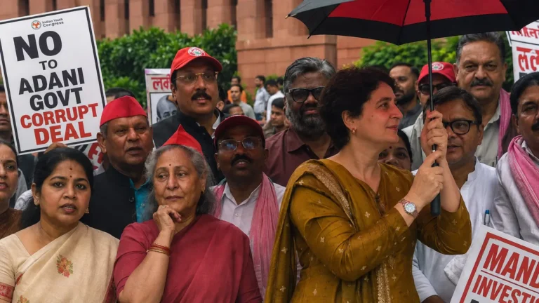 সংসদের বাইরে বিক্ষোভে কংগ্রেস নেত্রী প্রিয়াঙ্কা গান্ধী, জয়া বচ্চন ও বিরোধী সংসদ সদস্যরা।