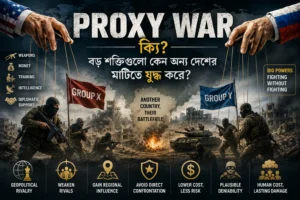 Proxy War-এ বড় শক্তির সমর্থনে অন্য দেশের মাটিতে সংঘাতের প্রতীকী চিত্র