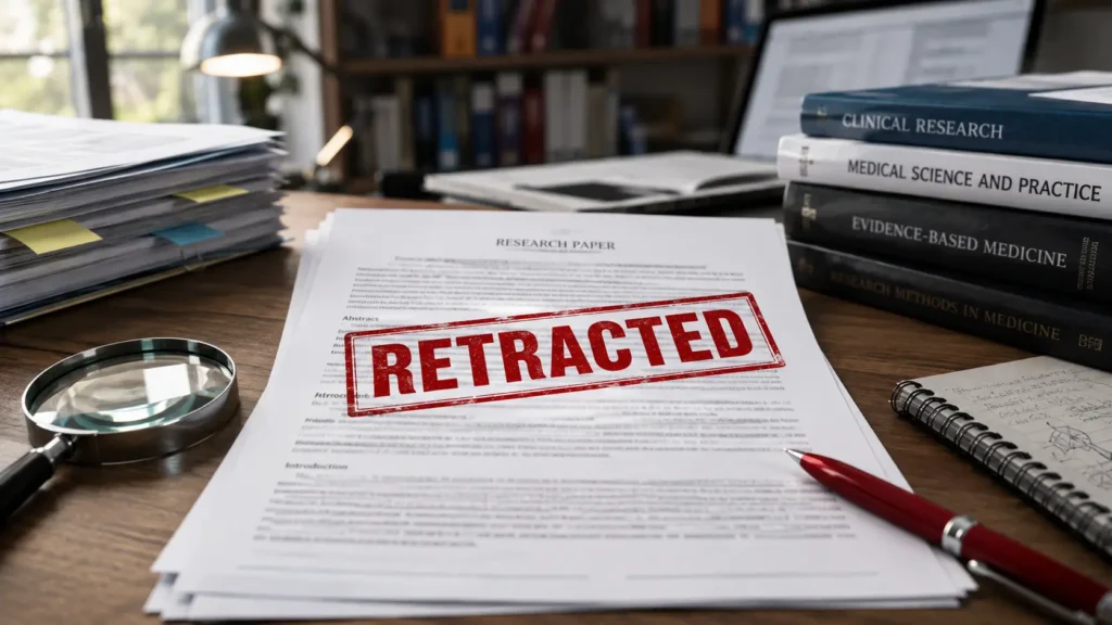 একটি গবেষণাপত্রের ওপর বড় লাল "RETRACTED" স্ট্যাম্প, পাশে ম্যাগনিফাইং গ্লাস ও চিকিৎসাবিষয়ক জার্নাল, যা একটি প্রত্যাহার করা বৈজ্ঞানিক গবেষণার প্রতীকী উপস্থাপনা।