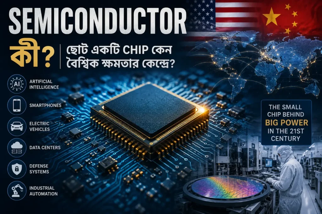 Semiconductor chip-এর প্রতীকী ছবি যেখানে বিশ্বমানচিত্র ও global technology supply chain তুলে ধরা হয়েছে ছোট