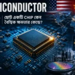 Semiconductor chip-এর প্রতীকী ছবি যেখানে বিশ্বমানচিত্র ও global technology supply chain তুলে ধরা হয়েছে ছোট