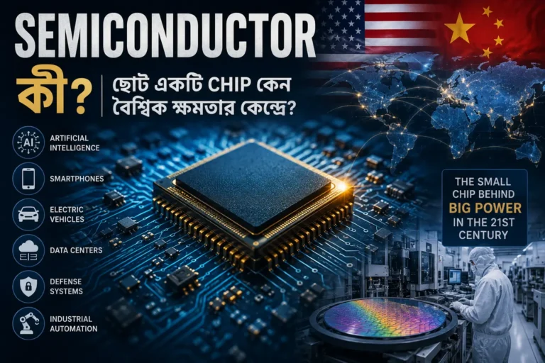 Semiconductor chip-এর প্রতীকী ছবি যেখানে বিশ্বমানচিত্র ও global technology supply chain তুলে ধরা হয়েছে ছোট