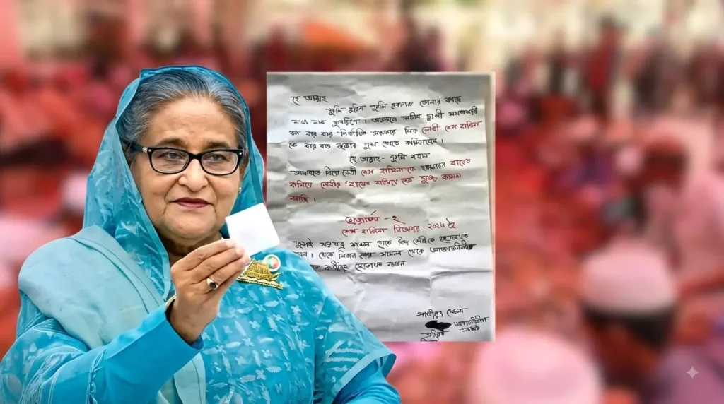 শাহজালাল মাজারের সামনে শেখ হাসিনার নামে লেখা খোলা চিঠির ছবি