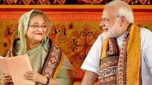বাংলাদেশের সাবেক প্রধানমন্ত্রী শেখ হাসিনা এবং ভারতের প্রধানমন্ত্রী নরেন্দ্র মোদির ছবি