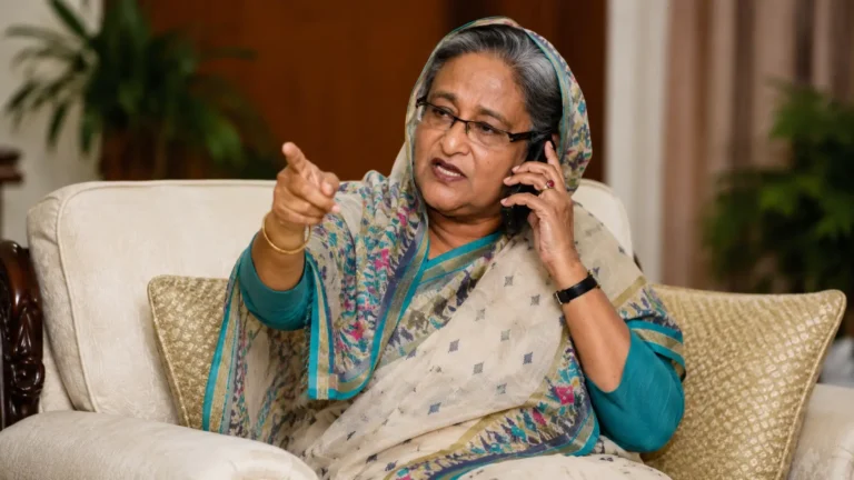 ফোনে কথা বলছেন শেখ হাসিনা—ট্রাইব্যুনালে উপস্থাপিত ফোনালাপের প্রতিবেদনের প্রতীকী ছবি। Caption: আন্তর্জাতিক অপরাধ ট্রাইব্যুনালে শেখ হাসিনার একটি ফোনালাপের রেকর্ড উপস্থাপনের দাবি করেছে প্রসিকিউশন।