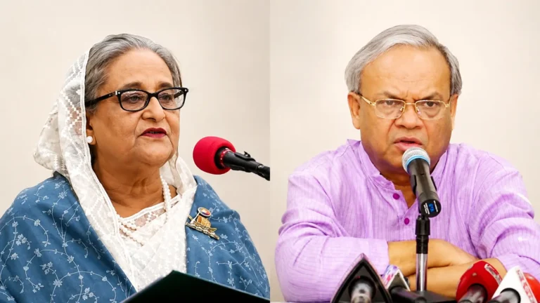 শেখ হাসিনা ও রুহুল কবির রিজভীর রাজনৈতিক বক্তব্যের প্রতীকী উপস্থাপন