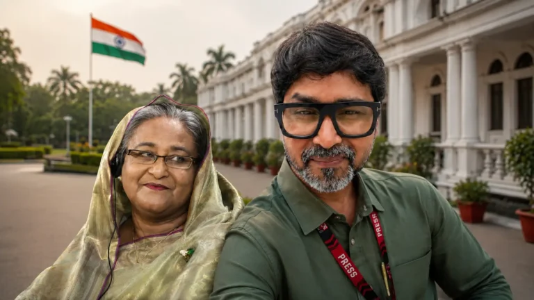 একই ছবিতে সাবেক প্রধানমন্ত্রী শেখ হাসিনা এবং প্রথম কলকাতার সম্পাদক সুব্রত আচার্য।