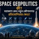 Space Geopolitics-এর প্রতীকী দৃশ্যে পৃথিবী, satellite, Moon এবং বৈশ্বিক space power network