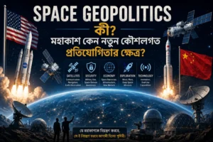 Space Geopolitics-এর প্রতীকী দৃশ্যে পৃথিবী, satellite, Moon এবং বৈশ্বিক space power network