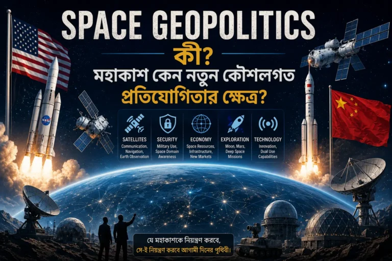 Space Geopolitics-এর প্রতীকী দৃশ্যে পৃথিবী, satellite, Moon এবং বৈশ্বিক space power network