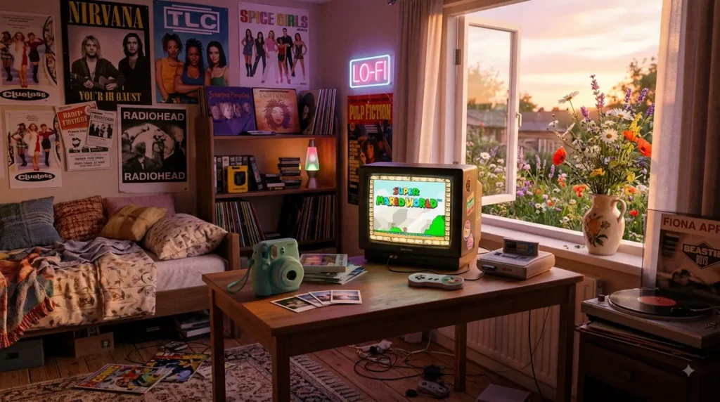 A cozy retro bedroom with a glowing CRT TV, polaroid camera, vinyl records, and blooming wild flowers representing the nostalgia economy and Gen Z culture.