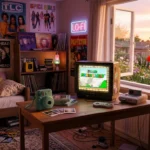 A cozy retro bedroom with a glowing CRT TV, polaroid camera, vinyl records, and blooming wild flowers representing the nostalgia economy and Gen Z culture.