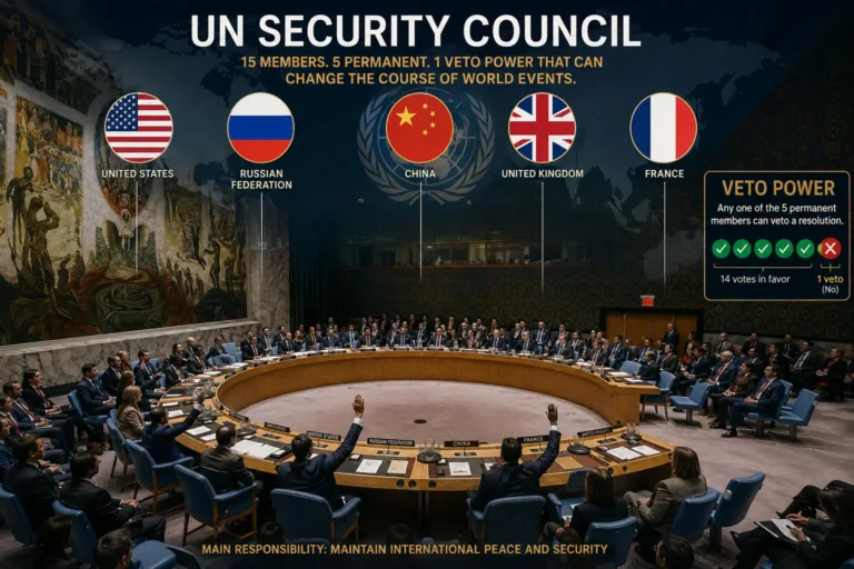 UN Security Council কী—P5 দেশের veto power-এর প্রতীকী চিত্র