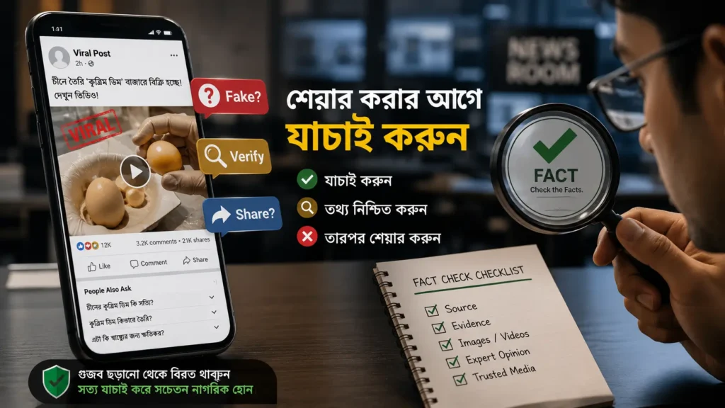 স্মার্টফোনে ভাইরাল ‘চীনের কৃত্রিম ডিম’ পোস্ট, Fake, Verify ও Share আইকন এবং ম্যাগনিফাইং গ্লাস দিয়ে তথ্য যাচাই করছেন একজন ব্যক্তি—ফ্যাক্ট-চেক বিষয়ক সম্পাদকীয় ইলাস্ট্রেশন।